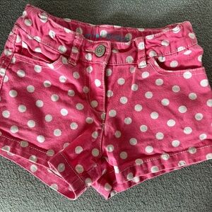 Mini boden Girls Pink Heart Pocket Denim Jean Shorts Size 5 Y White Polka Dot